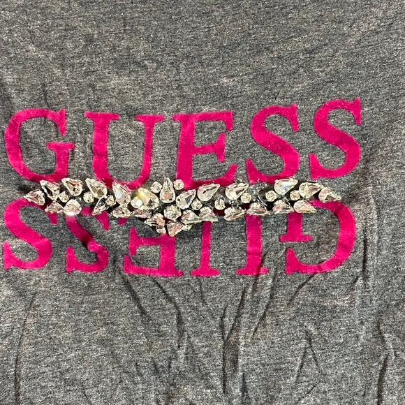 GUESS Women's Charcoal Rhinestone Embellished Crewneck Short Sleeve Tee SZ M - Picture 4 of 11